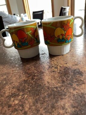Retro Mushroom & Butterfly Ceramic Stacking Coffee Mugs - Japan